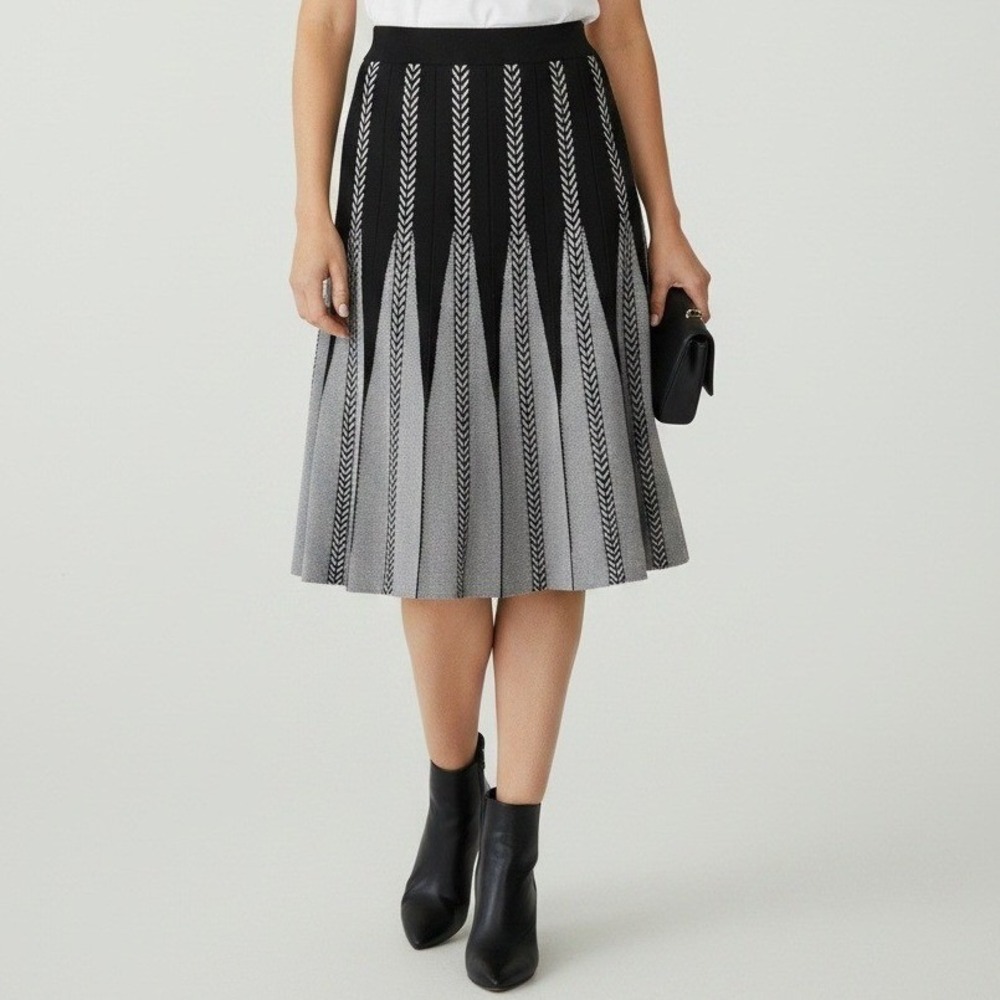 New R48D Geometric Chevron Knit Midi A-Line Skirt Black Grey White Size M